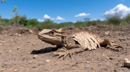 Aufkleber - Close up view of a brown spiny lizard laying on the ground on a sunny day. The lizard is detailed with rough skin and spikes, set against a blurred background of sky, trees and natural environment