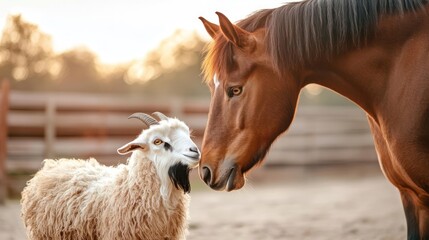 Poster - A heartwarming view features a brown horse and a white sheep together under a sunny sky, with blurred background of wooden fence. The horse stands partially visible and the sheep stands full with