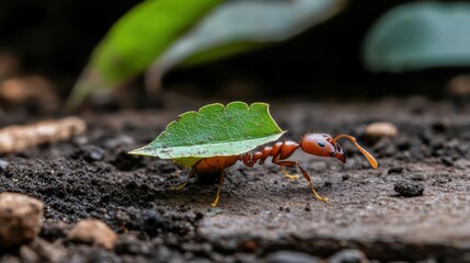 Poster - Close-up shot of a red leafcutter ant carrying a green leaf across a dark soil ground. Focus on the ant with blurred leaves and rock fragments in the background