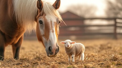 Fototapete - A captivating outdoor scene featuring a light brown horse with a white mane standing close to a small white lamb in a dry grassy field, with a blurred barn and wooden fence in the background under