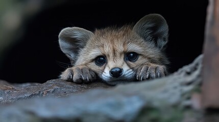 Aufkleber - Close up shot of an adorable small brown fox kit with big eyes and ears, peeking out from a dark den. The image captures the innocence and curiosity of the young animal in its natural environment