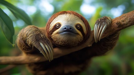 Aufkleber - Close-up of a brown sloth hanging on a tree branch with green foliage in the background. The sloth is facing forward with its long claws visible, creating a sense of depth and wildlife