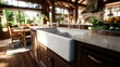 © zuni - Rustic kitchen sink with natural light, wooden interior, dining area visible.  Use for home design