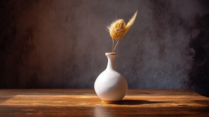 Poster - White ceramic vase with one dried flower on a wooden table