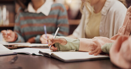 Poster - Library, writing and hands of people with notebook for journal, learning and knowledge in education. College, campus and students with paper for studying, support and preparation for university test