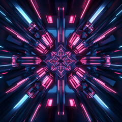 Poster - Illuminated Geometric Abstraction: A mesmerizing dance of light and form unfolds within a futuristic, geometric tunnel.