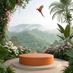 Fototapete - Front-view shot of a 3D render orange circular pattern, showcasing a vibrant, smooth, and symmetrical design with glowing edges, set against a minimalist background.