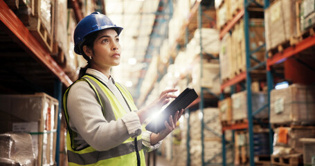 Poster - Tablet, inventory and woman in warehouse with logistics, stock management or distribution. Global, commerce and person at cargo storage factory on digital app for search, checklist or export shipping