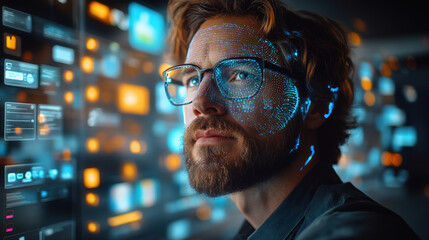 Leinwandbilder - man with digital facial projections stands in futuristic office, surrounded by glowing data screens, symbolizing advanced technology and innovation