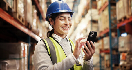 Poster - Phone, stock and woman in warehouse with logistics, inventory management or distribution. Global, commerce and happy person at cargo storage factory on mobile app for search, checklist or shipping