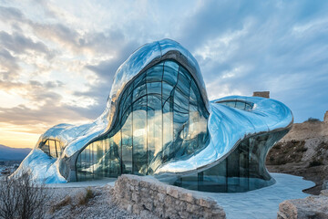 Poster - Futuristic Urban Architecture with Wavy Glass Facade Reflecting Dramatic Sky, Generative AI