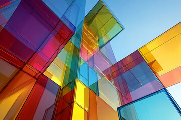 Poster - Abstract 3D Design with Vibrant Transparent Geometric Structures Against Clear Blue Sky, Generative AI