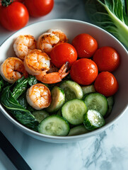 Poster - vibrant bowl of shrimp, bok choy, cherry tomatoes, and cucumber creates fresh and healthy meal. colorful ingredients evoke sense of nourishment and vitality