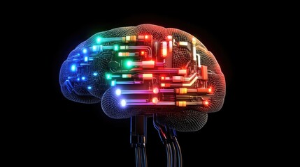 Poster - Futuristic Brain with Circuitry and Colorful Lights on Black Background