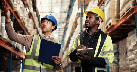 Poster - Men, tablet and planning at warehouse for logistics, schedule or review stats by shelf, discussion or inspection. People, partner and inventory for distribution, shipping or app with point at plant