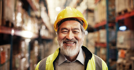 Poster - Mature, man and portrait in factory with distribution, confidence or supply chain logistics. Export, commerce and Asian person at cargo storage warehouse with smile or pride in global service