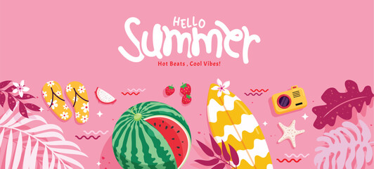 Fototapete - Hello summer banner clipart design. Hello summer greeting in empty space pink background clip art with tropical elements for holiday vacation vector illustration.
