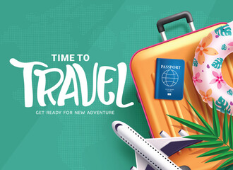 Wall Mural - travel time clipart template design. time to travel text with luggage bag, inflatable ring, airplane