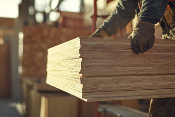 Wall Mural - Construction worker lifting plywood sheets onto a scaffold. Featuring teamwork and strength