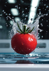 Poster - bright red tomato splashes into water, creating dynamic droplets and ripples. vibrant color and motion evoke freshness and vitality, making it appealing image for culinary themes