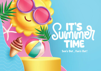 Fototapete - It's Summer Time podium clipart poster design. Summertime greeting text clip art with sun character and colorful paper cut elements in green background for holiday season product presentation