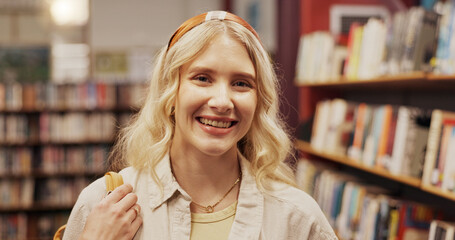 Poster - Woman, portrait and smile in library for education, learning opportunity and development. Student, college and happy in academy for scholarship, literature growth and university tuition in book room