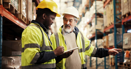 Poster - Warehouse, logistics and businessmen with tablet for teamwork, stock inventory and inspection. Technology, employees and mature supervisor with pointing for checklist, supply chain and distribution
