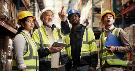 Poster - Logistics, group and collaboration with tablet, warehouse and quality assurance on website and discussion. Supervisor, mature man and team with tech for supply chain, pointing and people in factory