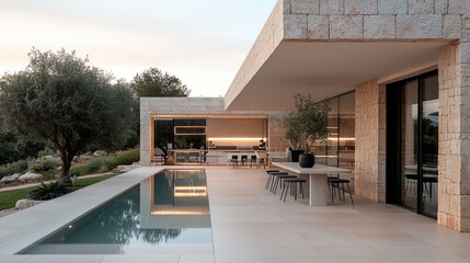 Poster - Modern stone villa with sleek design, featuring tranquil pool, outdoor dining area, and lush landscaping. serene atmosphere invites relaxation and enjoyment of nature