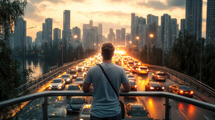 Poster - young man stands on bridge overlooking bustling cityscape at sunset, surrounded by traffic and illuminated buildings. scene captures moment of reflection amidst urban life