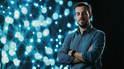 Confident professional posing against abstract glowing network background in dark studio