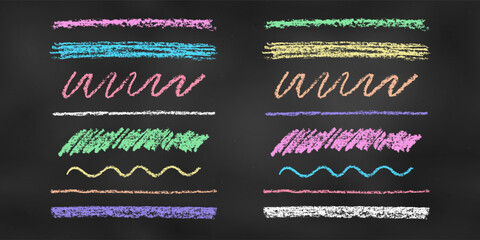 Wall Mural - Realistic Chalk Drawn Sketch. Set of Design Elements Linear Scrawls Isolated on Chalkboard Backdrop.
