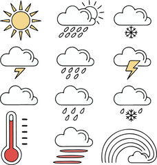 weather forecast icon set – line art style with sun, rain, snow, thunderstorm, fog, rainbow, and the