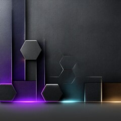 Poster - Abstract Geometric Composition: Leather Textures, Hexagonal Forms, and Neon Lighting Effects on a Dark Background