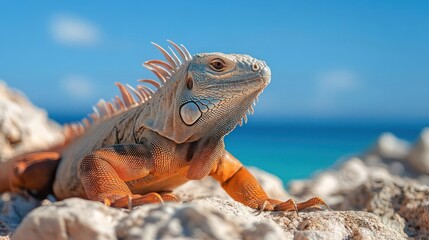 Poster - Detailed eye-level shot captures a large orange iguana with spiky scales basking on weathered rocks. The background features a serene blend of blue sky meeting turquoise sea, softly blurred to