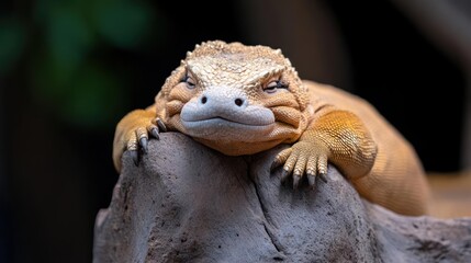 Poster - Close up of a golden land iguana perched on a textured gray rock. The iguana's eyes are closed, set against a blurred dark green background. The shot is well-lit, highlighting the scales and texture