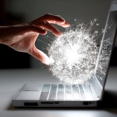 Aufkleber - Digital Connection: Hand Interacting with Light Burst Emerging from Laptop Screen, Technology and Innovation