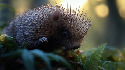 Poster - A detailed close up of a small hedgehog surrounded by green foliage under soft, glowing light. The hedgehog's quills and claws are visible, the animal is the clear subject, providing a natural and