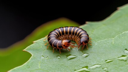 Poster - Macro photograph showcases a curled caterpillar with brown and yellow bands atop a vibrant green leaf speckled with water droplets, set against a dark background. The image highlights the insect's