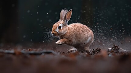 Poster - A light brown rabbit runs through the forest floor scattering mud and droplets. The rabbit is captured in mid-stride, moving right, against a blurred backdrop of dark green and brown foliage with
