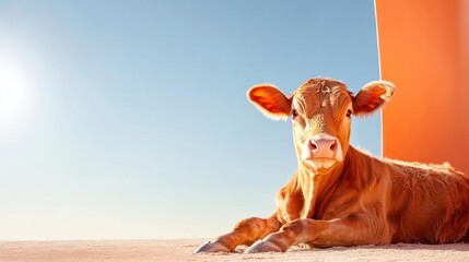 Poster - A brown calf lies on a dirt ground bathed in warm sunlight with a clear blue sky. An orange structure is present in the background. The calf's fur is detailed, and the sunny weather creates a