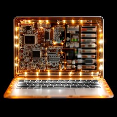 Leinwandbilder - Illuminated Internal Components: A Detailed View of a Laptop's Complex Circuitry on a Black Background