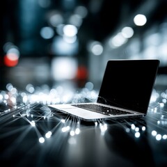 Aufkleber - Laptop Connected to Futuristic Network: Data Flow, Artificial Intelligence & Digital Communication