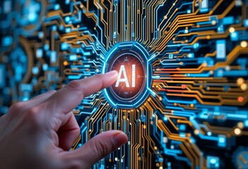 Fototapete - Man touching digital AI icon on electronic circuit board.