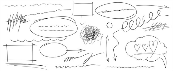Poster - Highlights, grunge lines, crayon scribbles, hand drawn arrows, scrawls, rough brush charcoal pen strokes, text underline strokes and emphasis marks. Set of Sketches of ellipse, rectangle, oval, mark