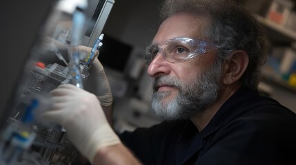 Poster - A close-up shot captures a focused mature male scientist in a laboratory, wearing safety glasses and gloves, adjusting scientific equipment with tubes and connections. The lighting emphasizes his