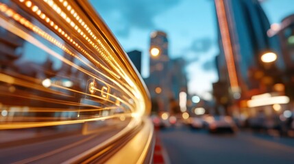 Aufkleber - Dynamic long exposure shot of light trails streaking through an urban landscape at dusk, featuring blurry city buildings and street lights in the background, conveying motion and speed