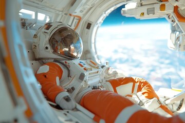 Poster - An astronaut in a spacesuit is seated inside a spacecraft, viewing Earth from the window. The bright, natural light illuminates the scene, highlighting the spacecraft's interior and the curvature of