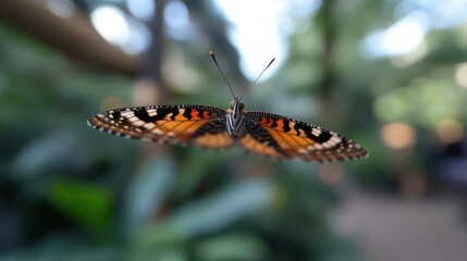 Poster - Close-up of a beautiful butterfly with orange and black wings spread wide, showcasing intricate patterns. The background is blurred with green foliage, creating a soft, natural setting