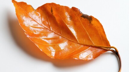 Poster - A vibrant orange leaf with intricate venation and a curled stem is showcased against a bright white background. The lighting accentuates the leaf's texture and color, highlighting its organic form